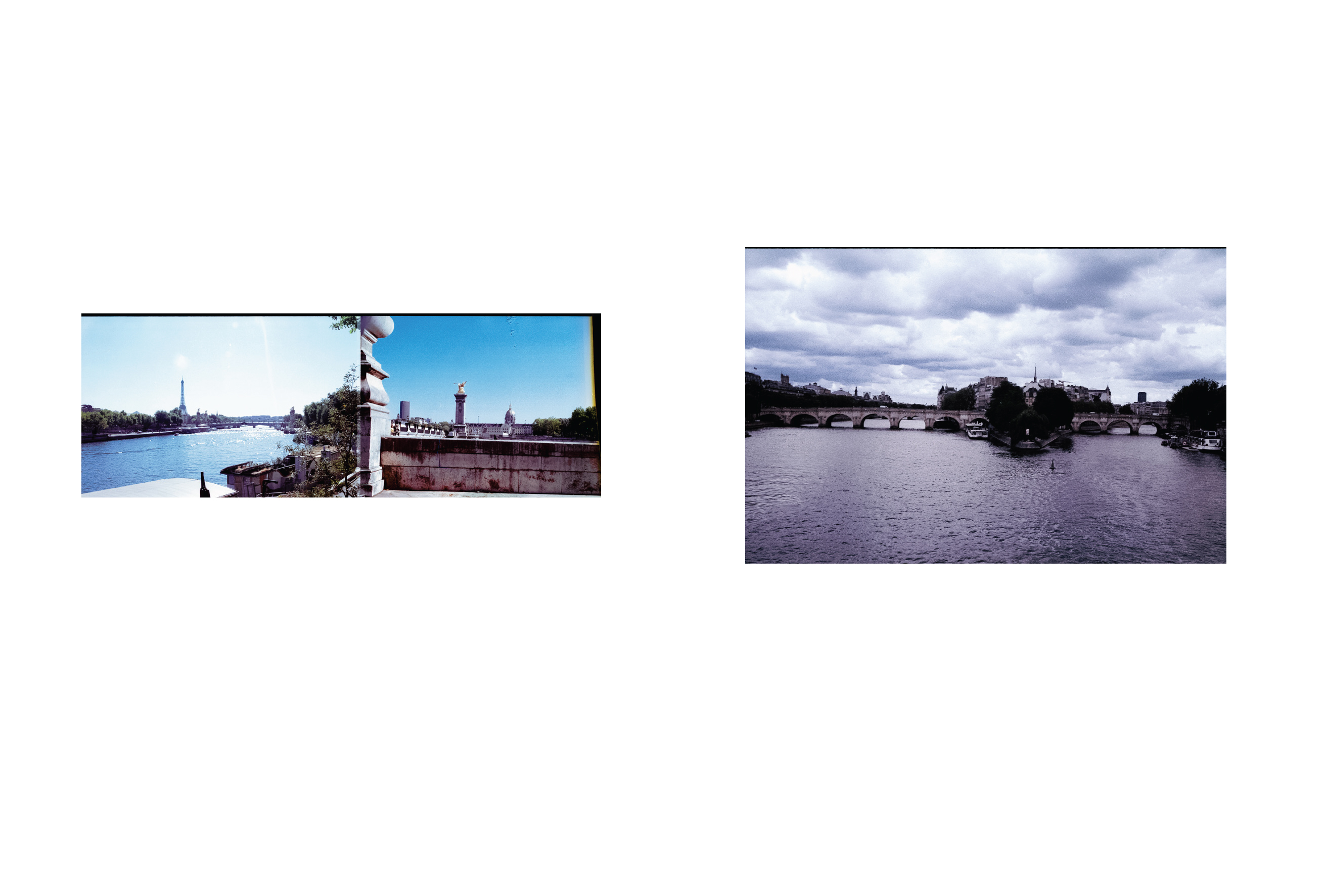 Dos fotografías de escenas del río en París, Francia, con la Torre Eiffel al fondo.